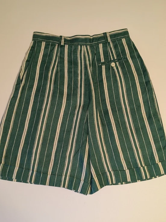 Vintage 80’s High Waist Walking Shorts Jorts 100% Linen Striped Green Ivory 12 - Picture 7 of 12